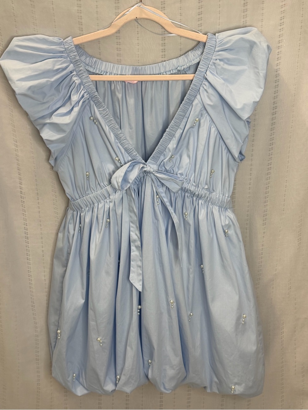 Pink Lily Sky Blue Puff Sleeve Pearl Tie-Front Mini Dress